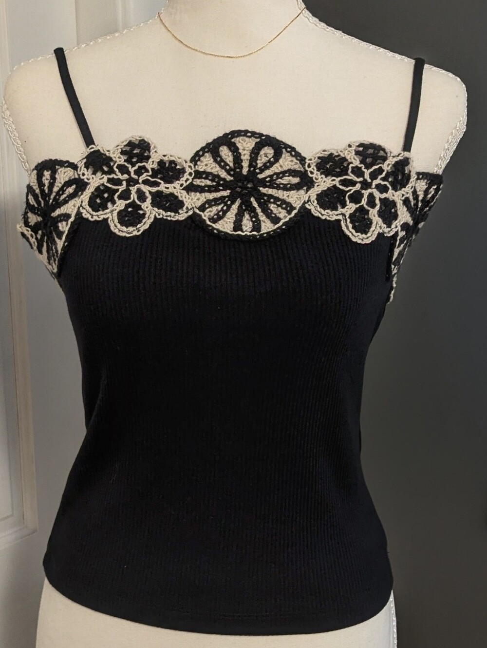 NWT Jcrew Black Crochet-Trim Spaghetti Tank Top